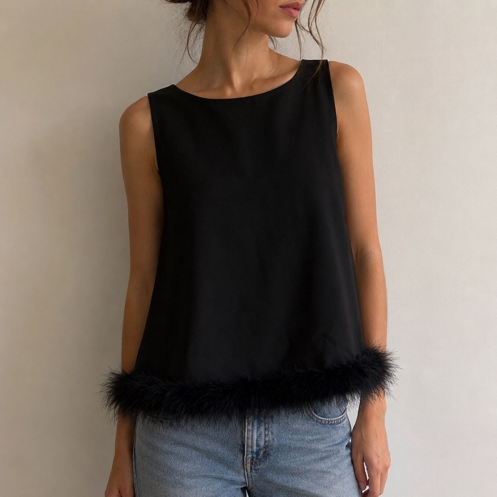 Tuckernuck Sail To Sable Black Feather Trim Top XS Party Glam Minimalist
